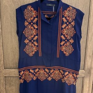 THML Navy Blue Embroidered Sleeveless Blouse with Orange Accents